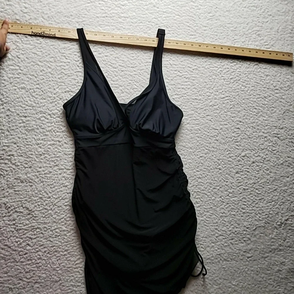 B Swimdress Womens L Black Solid Adjustable Strap Drawstring Stretch Ruched